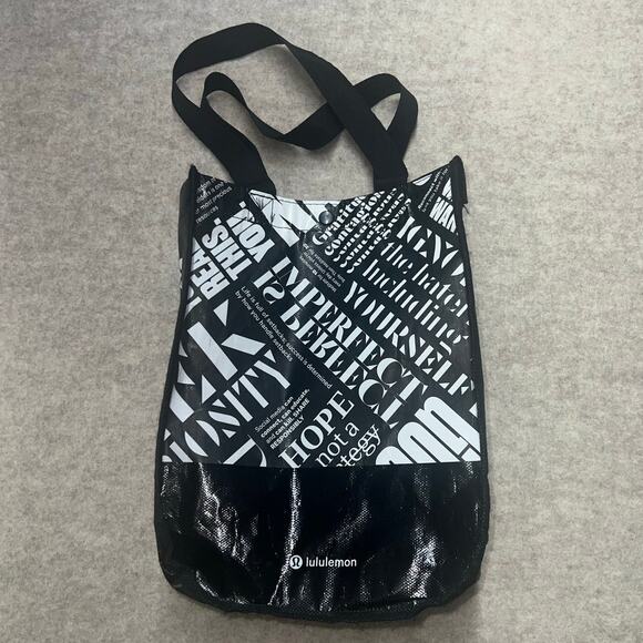 Lululemon Black White Logo Reusable Snap Tote Bag 11x9x4 - Picture 1 of 6